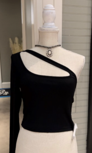 Photo of a model wearing the D&A Daisy Assymetrical One Shoulder Top Black.