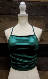Photo of the D&A Jasmine Satin Crisscross Tied Backless Crop Top Emerald Green.
