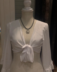Photo of the D&A Marigold Butterfly Sleeve Tie Front Back Shirt White.
