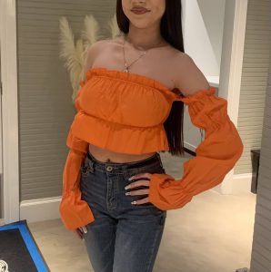 Photo of the D&A Orchid Ruffle Sleeve Crop Top Orange.