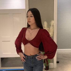 Photo of the D&A Rose Lantern Sleeve Crop Top Burgundy.